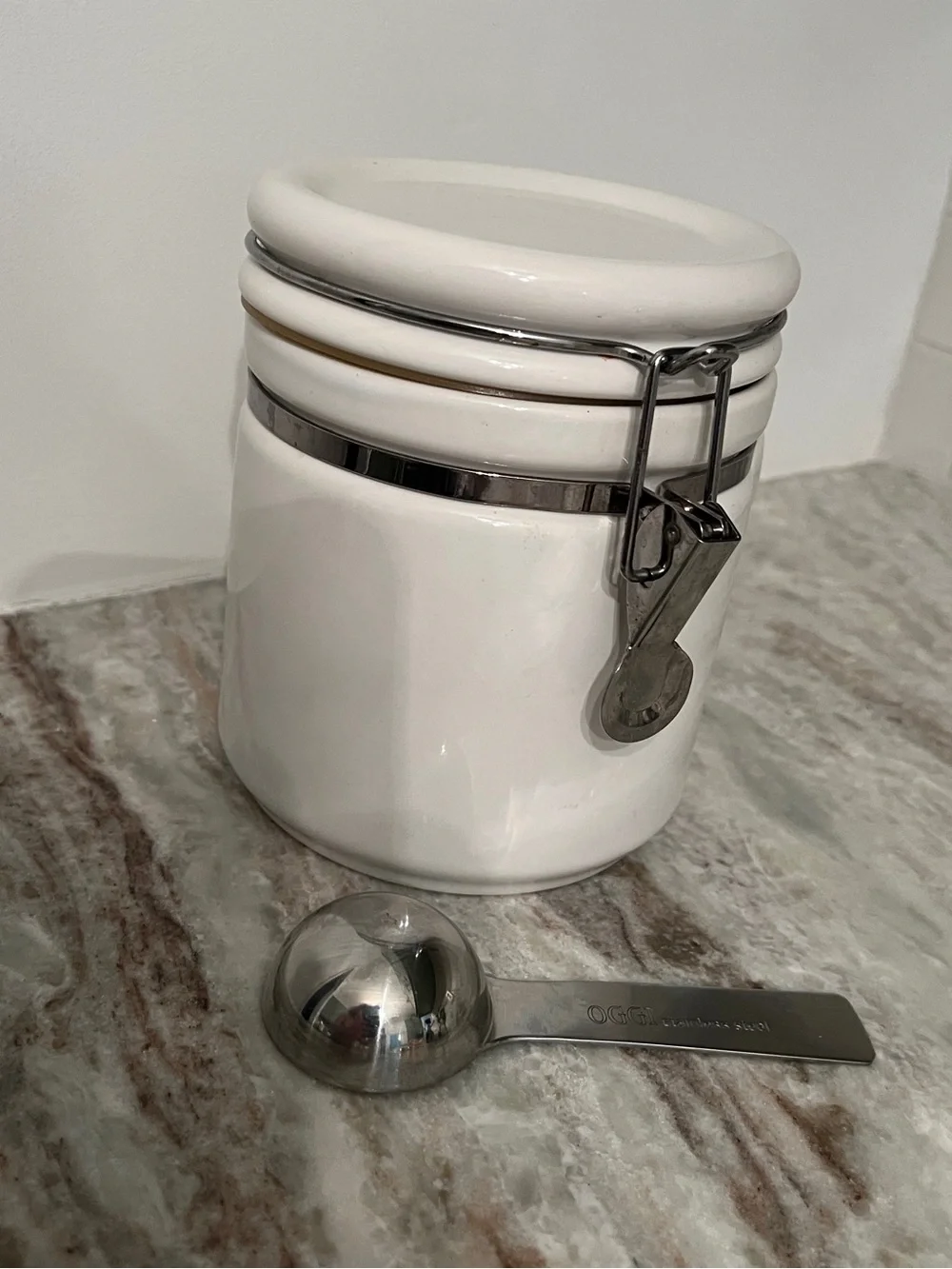 White Ceramic Airtight Storage Jar with Stainless Steel Scoop
